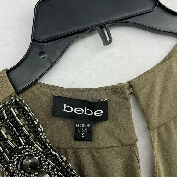 Bebe Blouse Womens S Green Round Neck Embellished Beads Keyhole Cold Shoulder - Picture 10 of 12